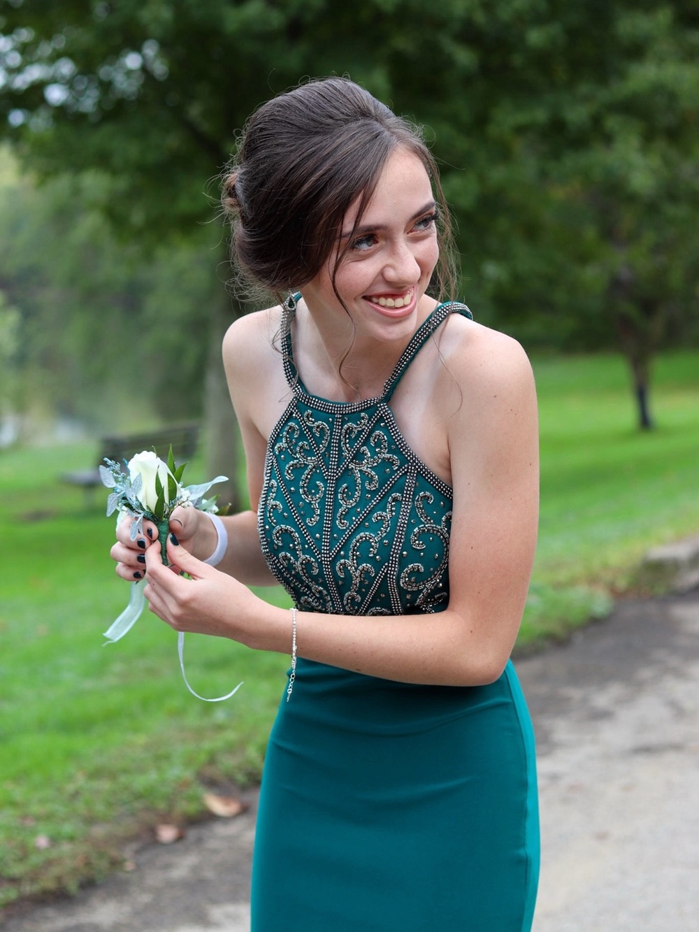 Embellished Teal Halter Evening Dress